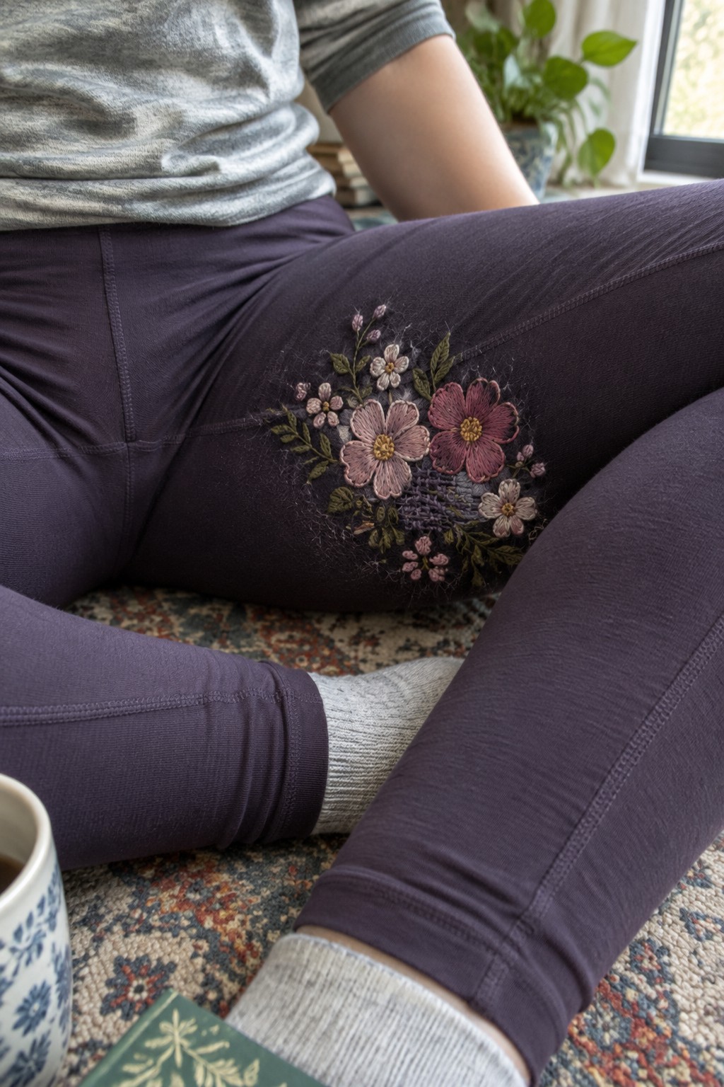 Pink and cream embroidered flowers cover a spot on dark purple leggings worn with gray socks.