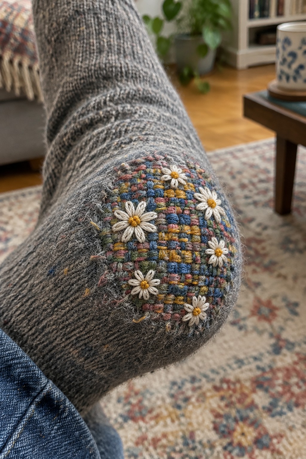 A gray knitted sweater elbow has a rounded multicolored stitched patch decorated with white daisies.