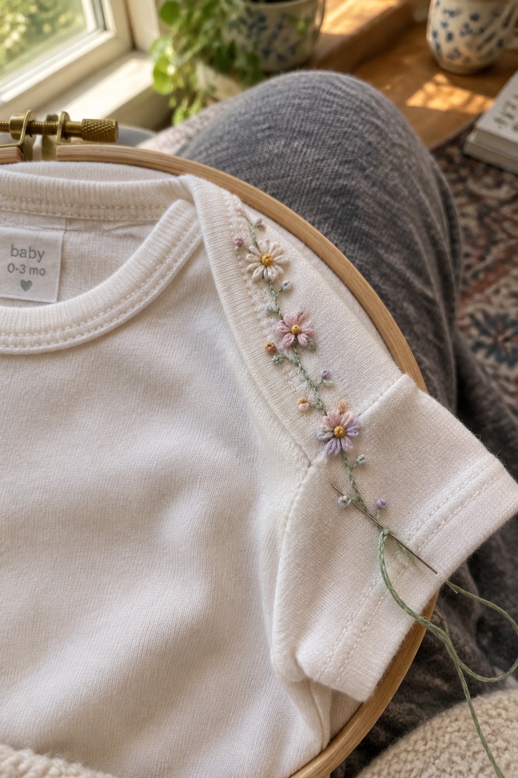 White baby shirt in an embroidery hoop with a small pastel flower vine stitched along one sleeve.