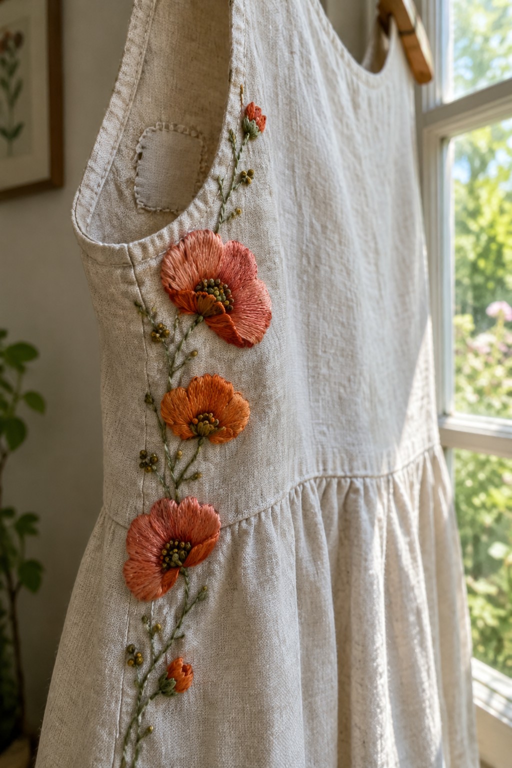A cream linen apron with a vertical vine of coral and orange embroidered flowers hanging beside a window.