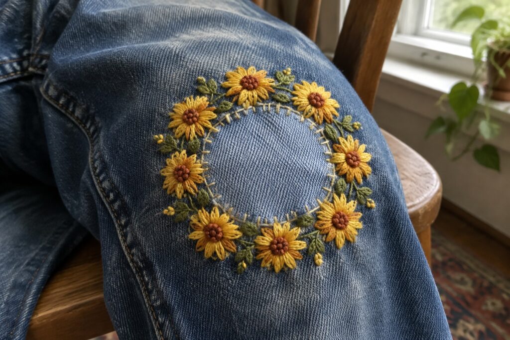 Blue jeans with a circular knee patch surrounded by embroidered yellow sunflowers and green leaves.