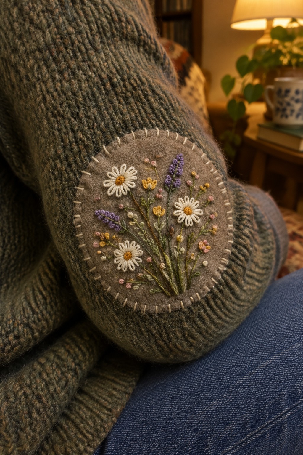 A knitted green-brown sweater elbow has a rounded beige patch embroidered with daisies and small flowers.