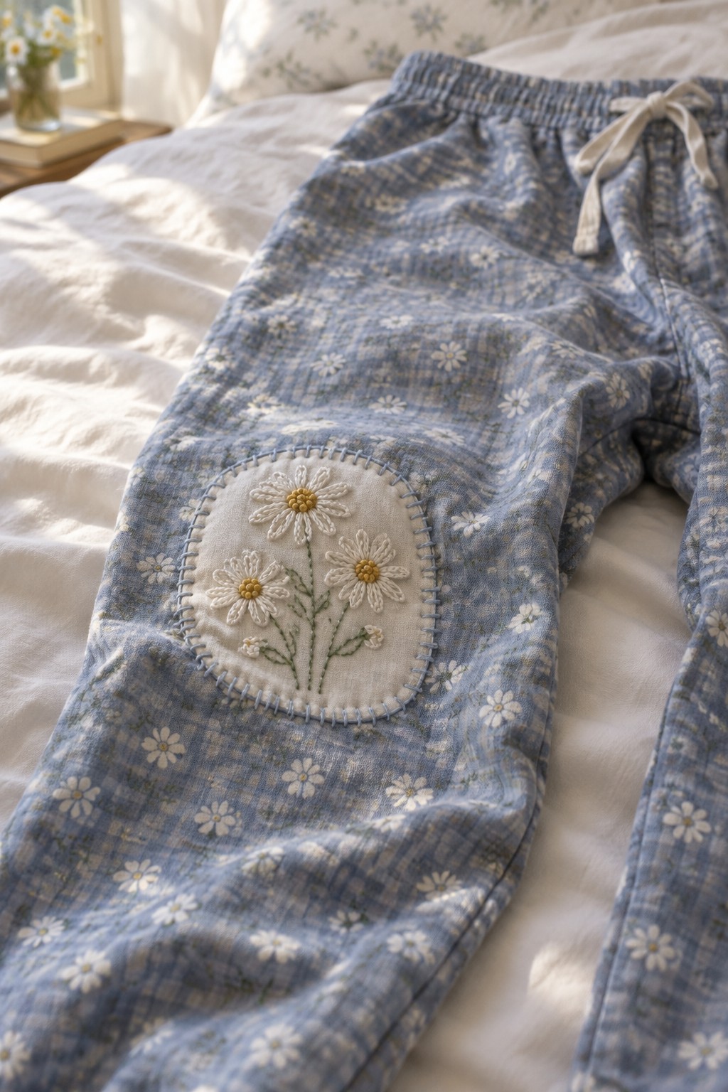 Blue floral pants with a rounded embroidered patch featuring three daisies laid on a white bed.