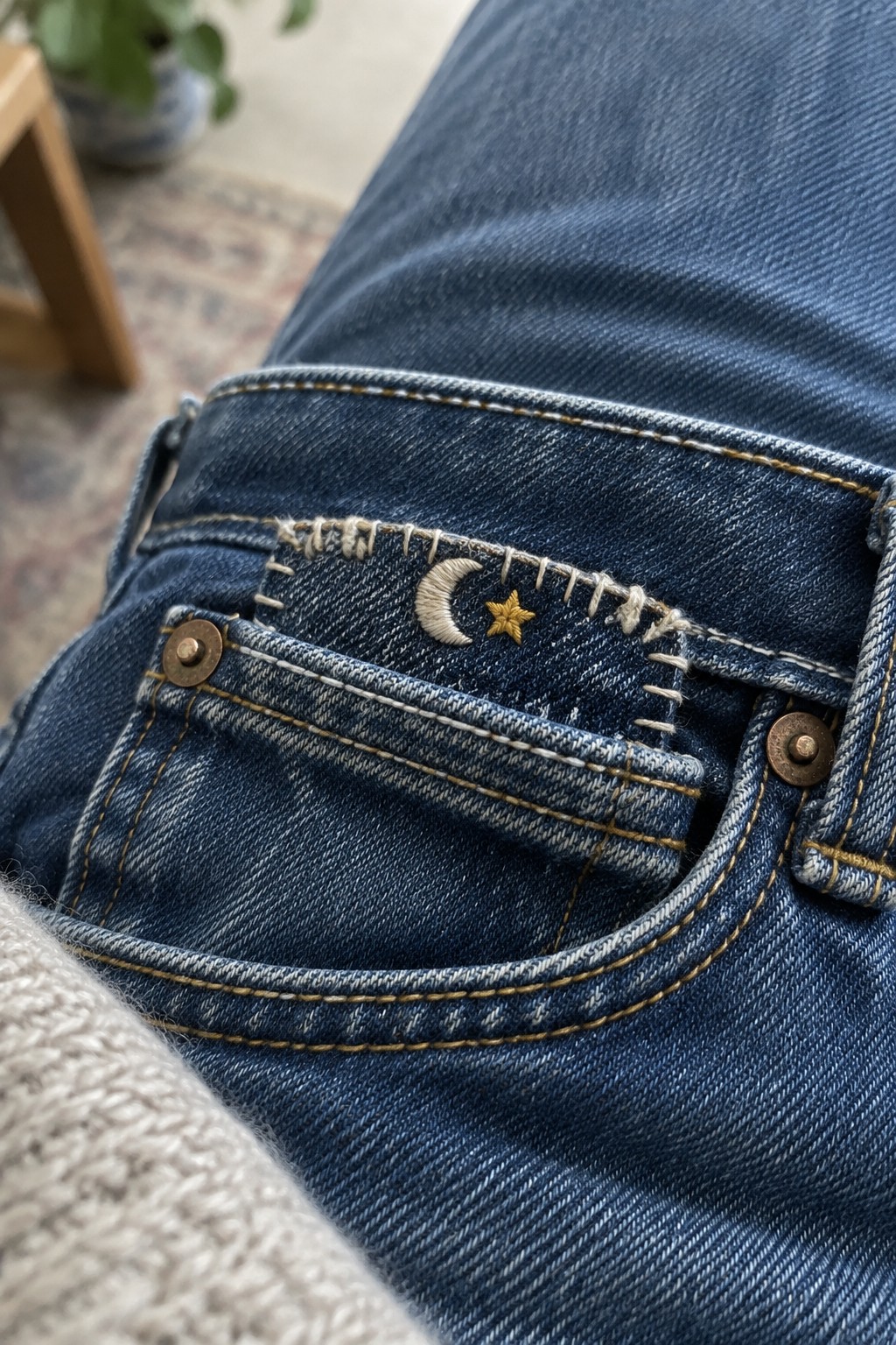 A small cream crescent moon and gold star embroidered above the back pocket of dark blue jeans.