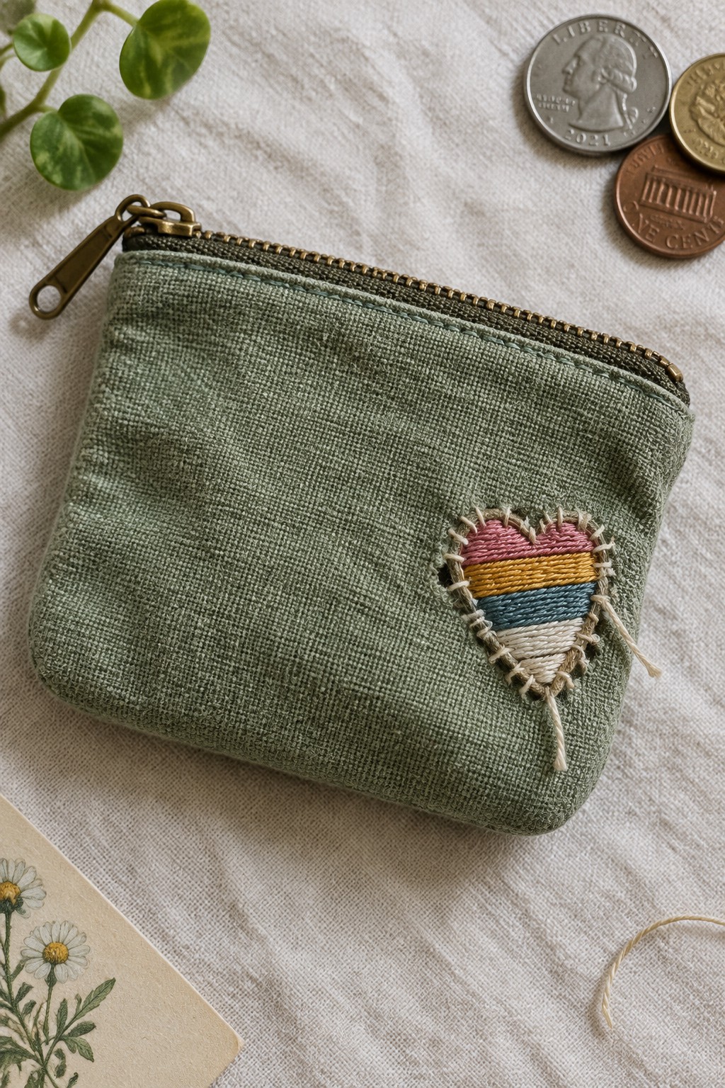 A green fabric zip pouch with a small striped heart patch sewn near one corner.