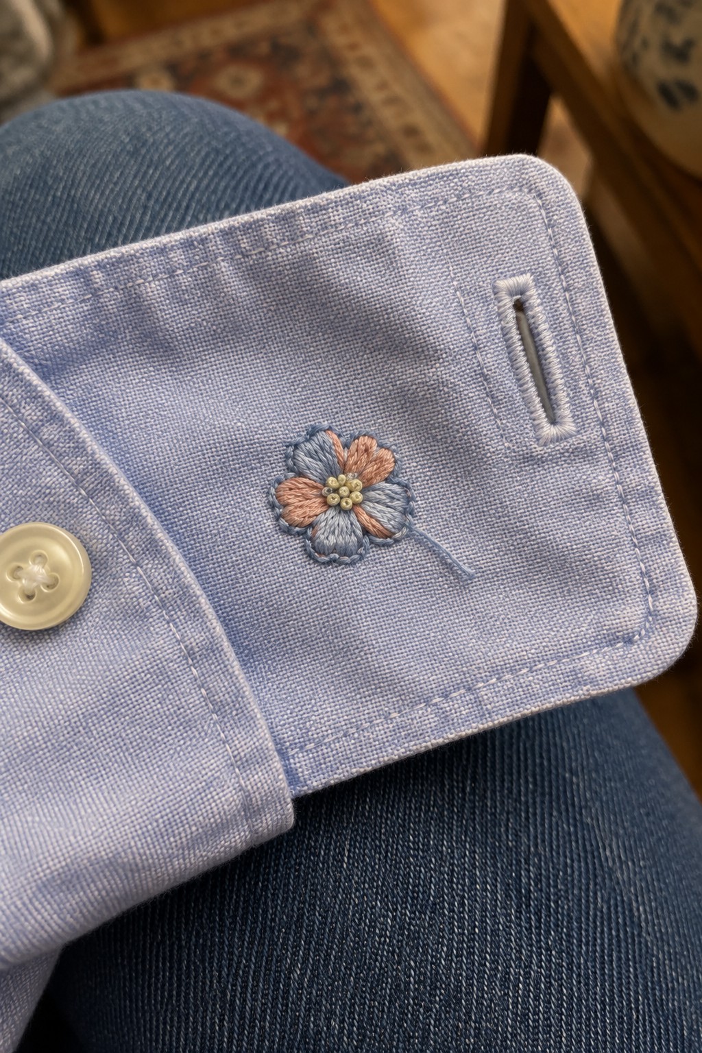 A blue shirt cuff with a small embroidered blue and peach flower beside a buttonhole.