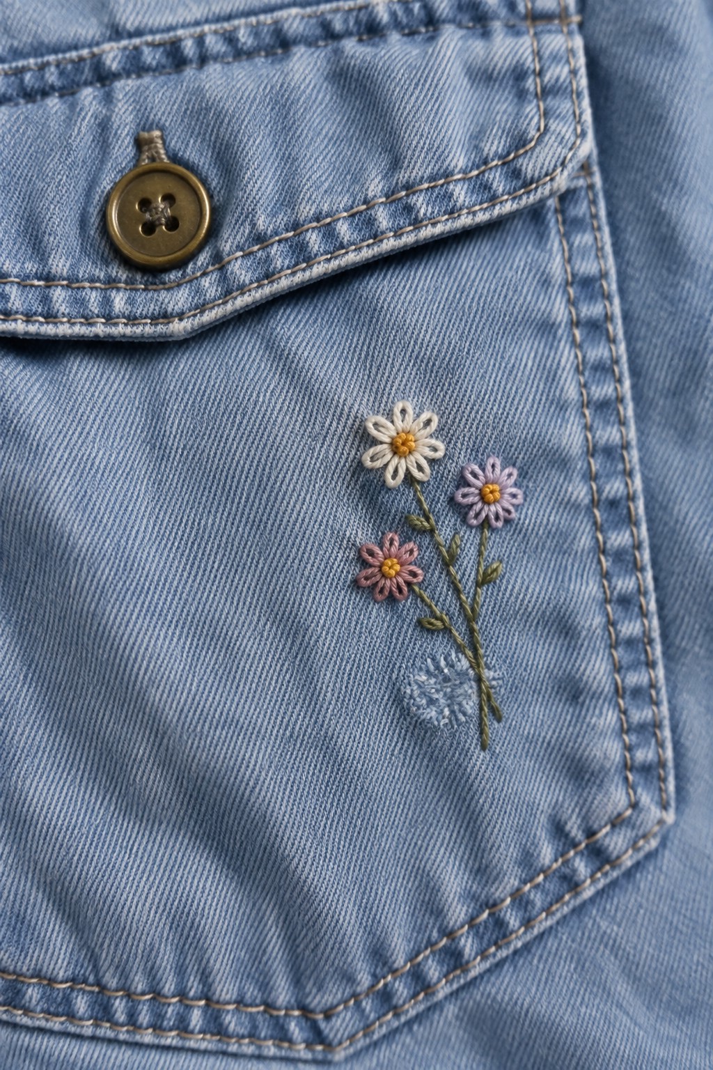 Close-up of light blue denim with a small embroidered bouquet beside a buttoned pocket flap.