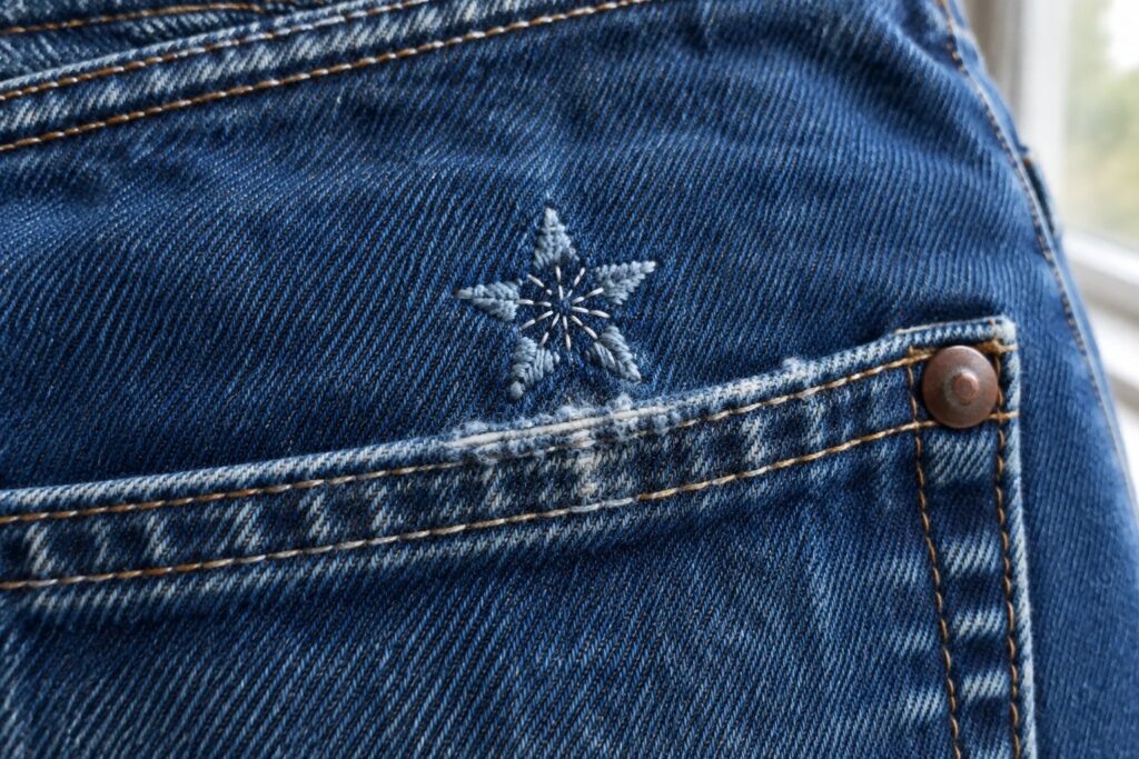 A small blue and white embroidered flower sits above the pocket seam on dark blue jeans.