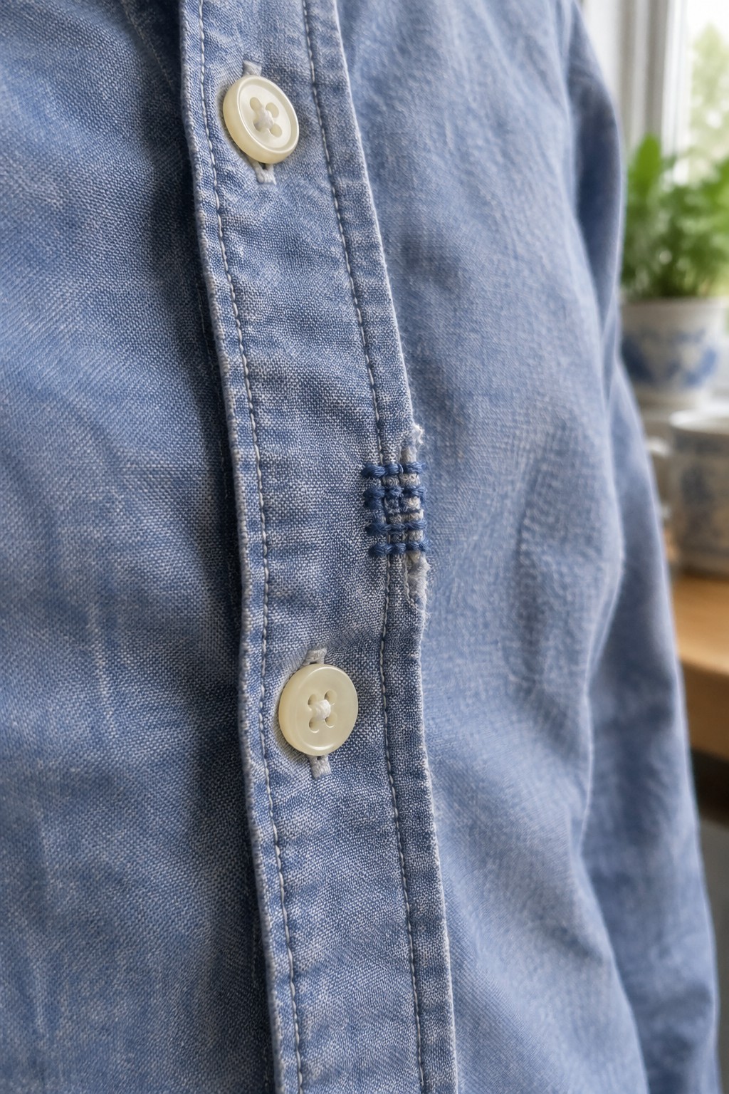 Close-up of a blue shirt placket with two cream buttons and a small cluster of dark blue stitches beside the seam.