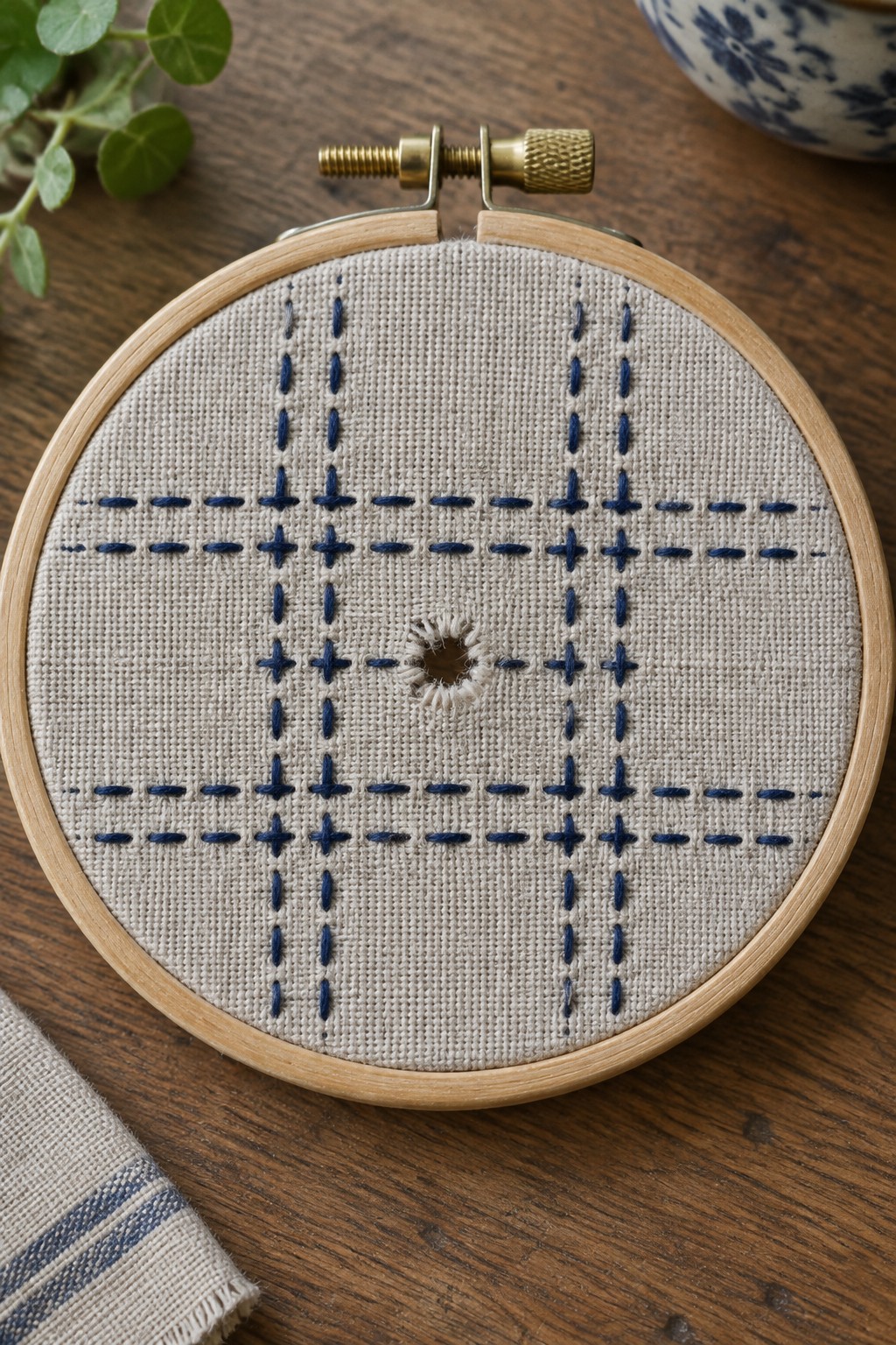 White fabric in an embroidery hoop has a small central hole surrounded by intersecting navy dashed lines.