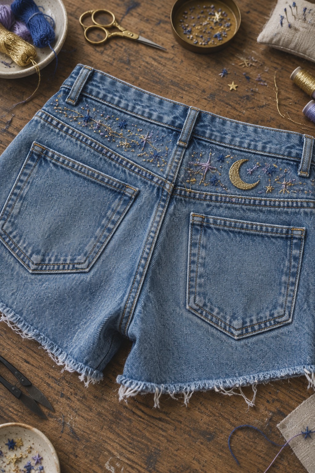 Denim shorts embroidered with a gold crescent moon, stars, and scattered blue and gold stitches across the back waistband.