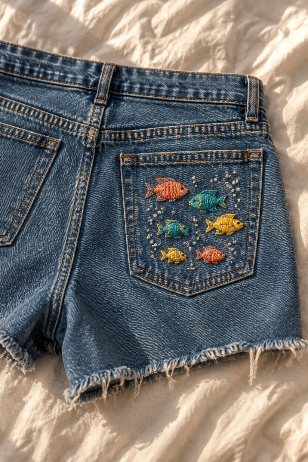 Blue denim shorts with frayed hems and a back pocket embroidered with six colorful fish and small pale details.