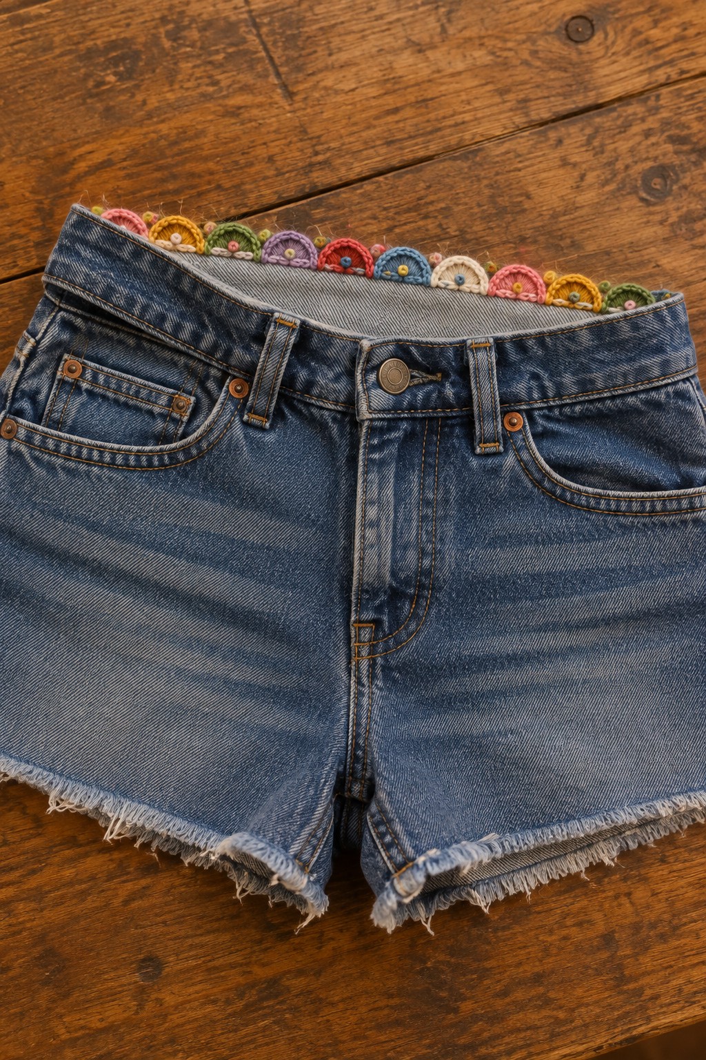 Blue denim shorts with frayed hems and multicolored scallop embroidery peeking above the waistband.