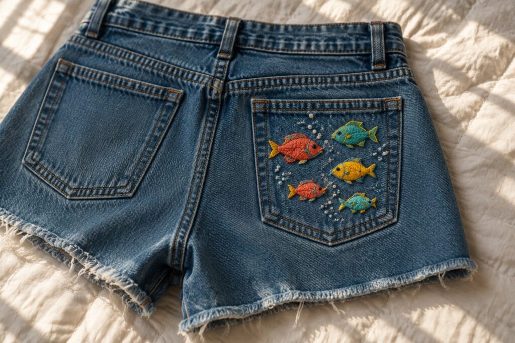 Blue denim shorts with frayed hems and a back pocket embroidered with six colorful fish and small pale details.