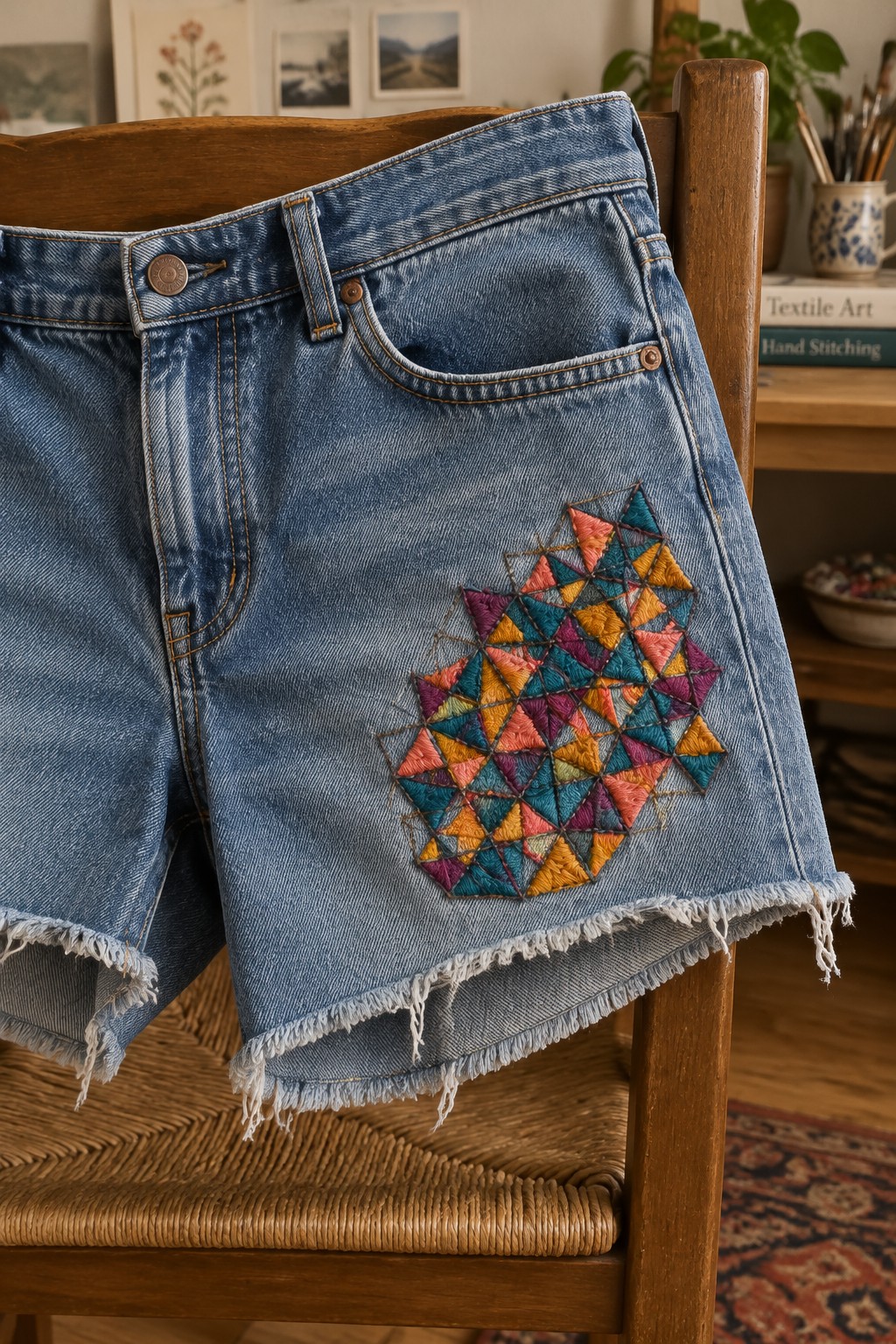 Faded denim shorts with colorful geometric triangle embroidery on one front leg and frayed hems.