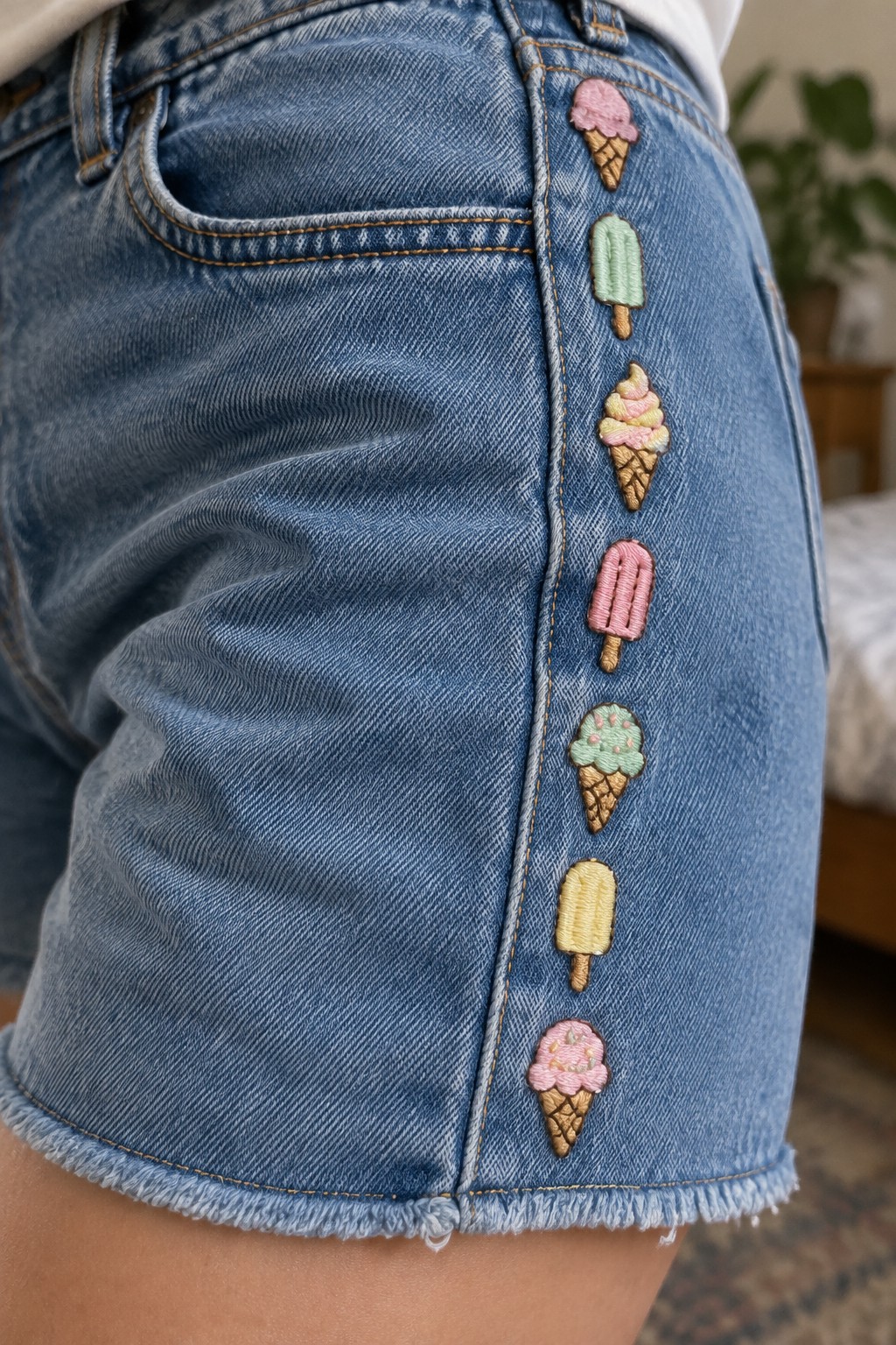 Blue denim shorts with a vertical row of colorful embroidered ice cream cones and popsicles beside the side seam.