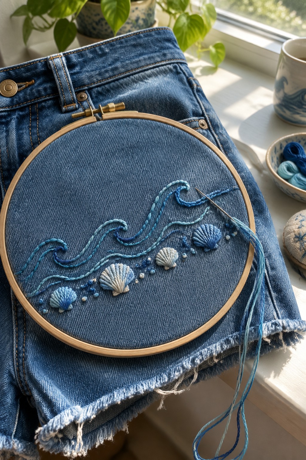 Blue wave and shell embroidery in a hoop on denim shorts, with loose blue threads and a needle.