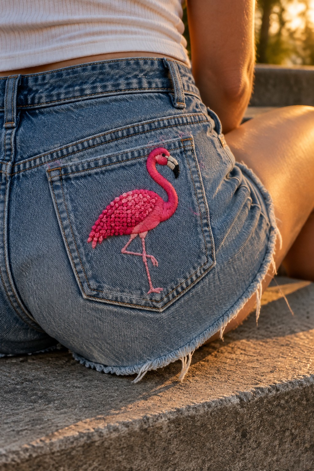 Pink flamingo embroidery decorates the back pocket of frayed denim shorts.