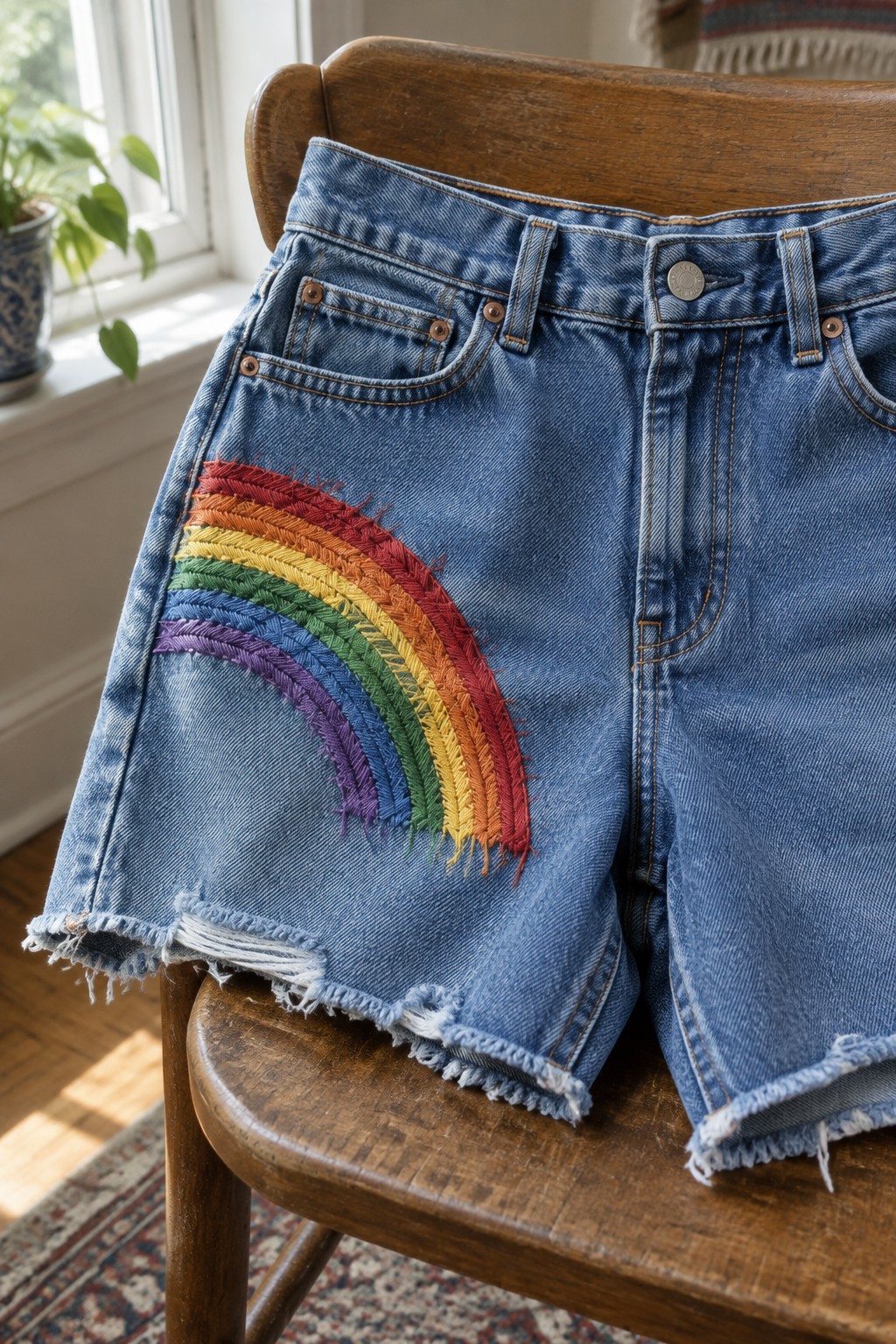 Denim shorts with a multicolored embroidered rainbow on one leg and frayed hems, draped over a wooden chair.