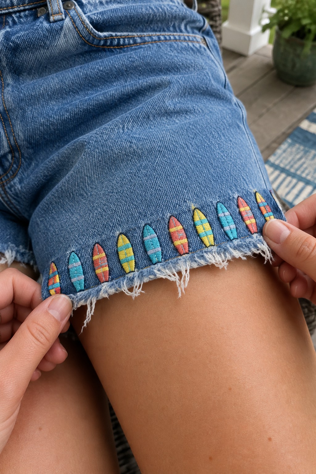 Close-up of denim shorts with small colorful surfboards embroidered above the frayed hem.
