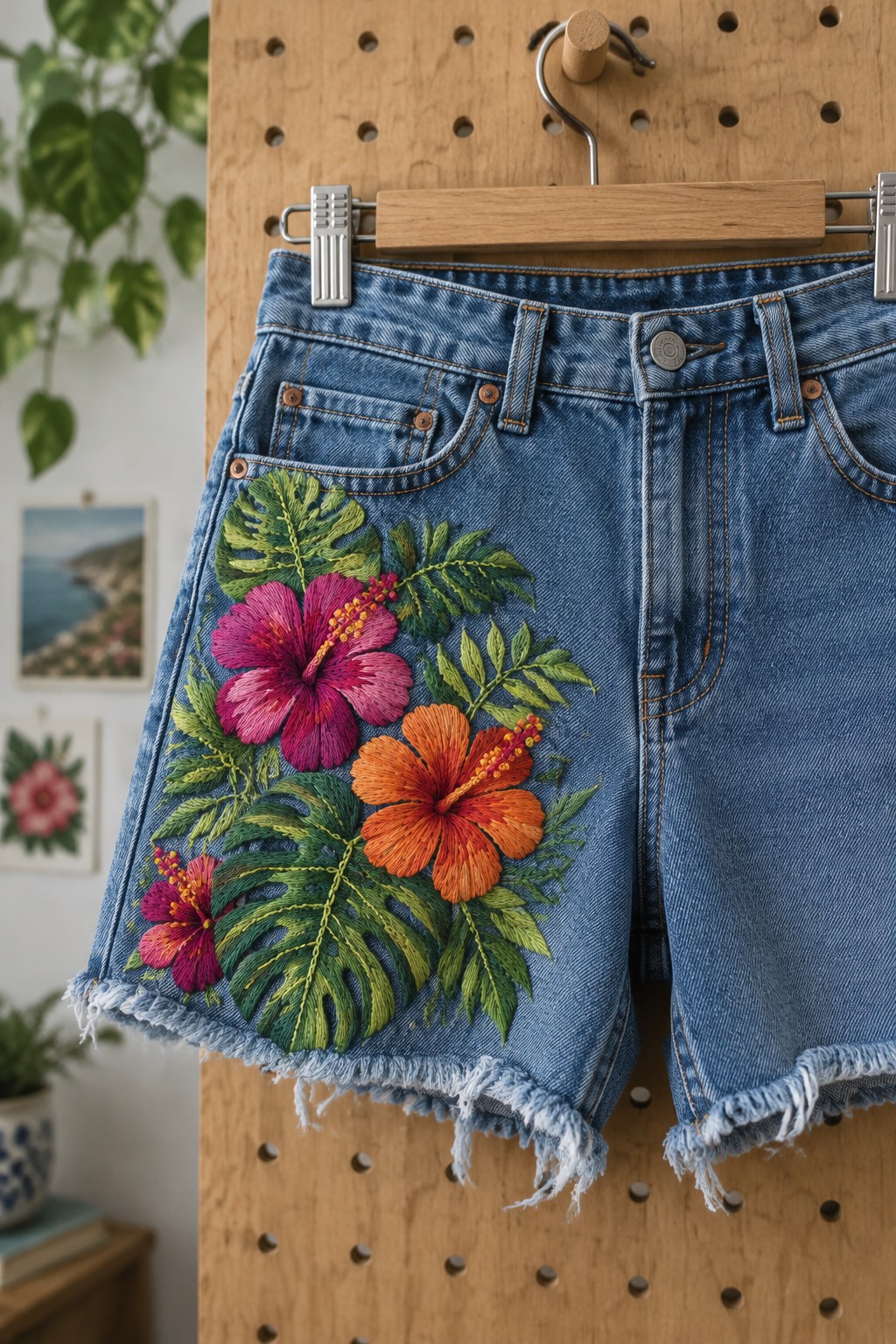 Blue denim shorts with embroidered pink and orange hibiscus flowers and green leaves on one leg, hanging from a wooden hanger.