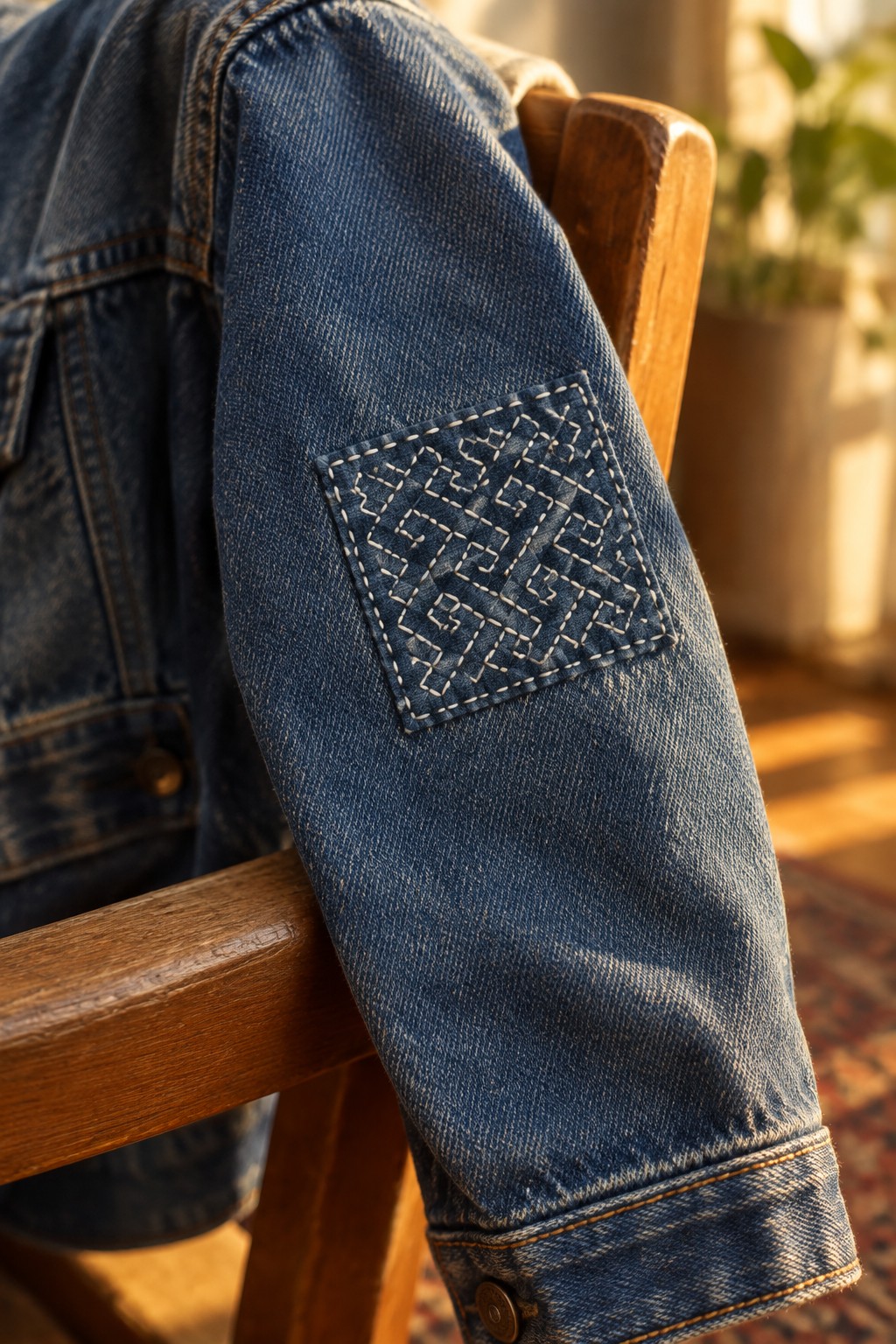 A denim jacket sleeve with a rectangular sashiko-stitched patch rests across a wooden chair.