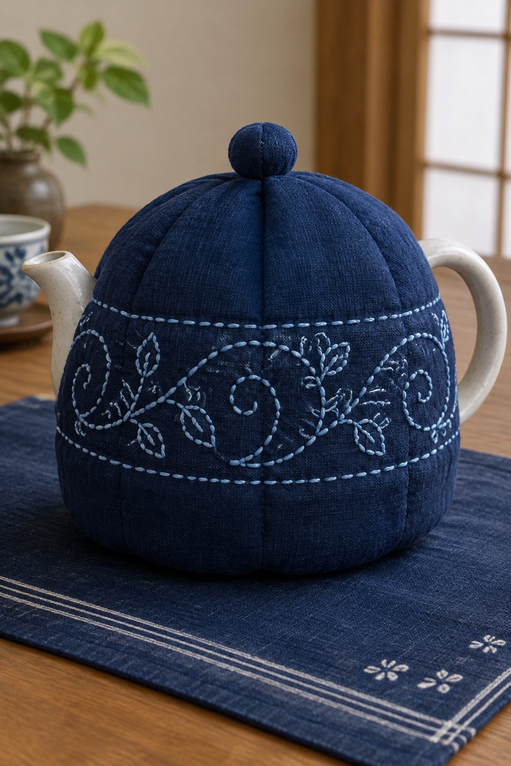 A dark blue fabric teapot cover with pale blue embroidered vines and leaves sits on a matching cloth mat.