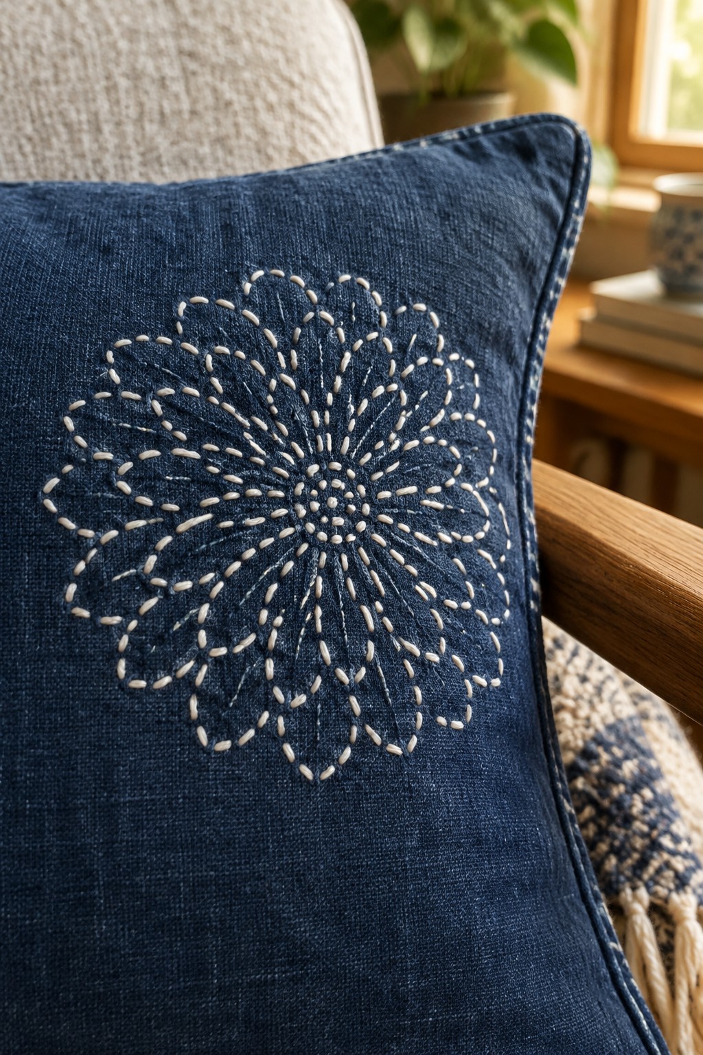 Ivory stitched starburst centered on a navy cushion beside a wooden chair arm.