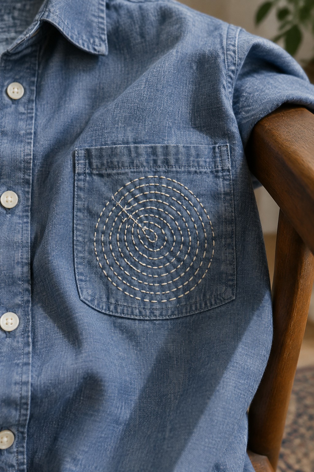 A blue denim shirt with concentric cream stitching on its chest pocket.