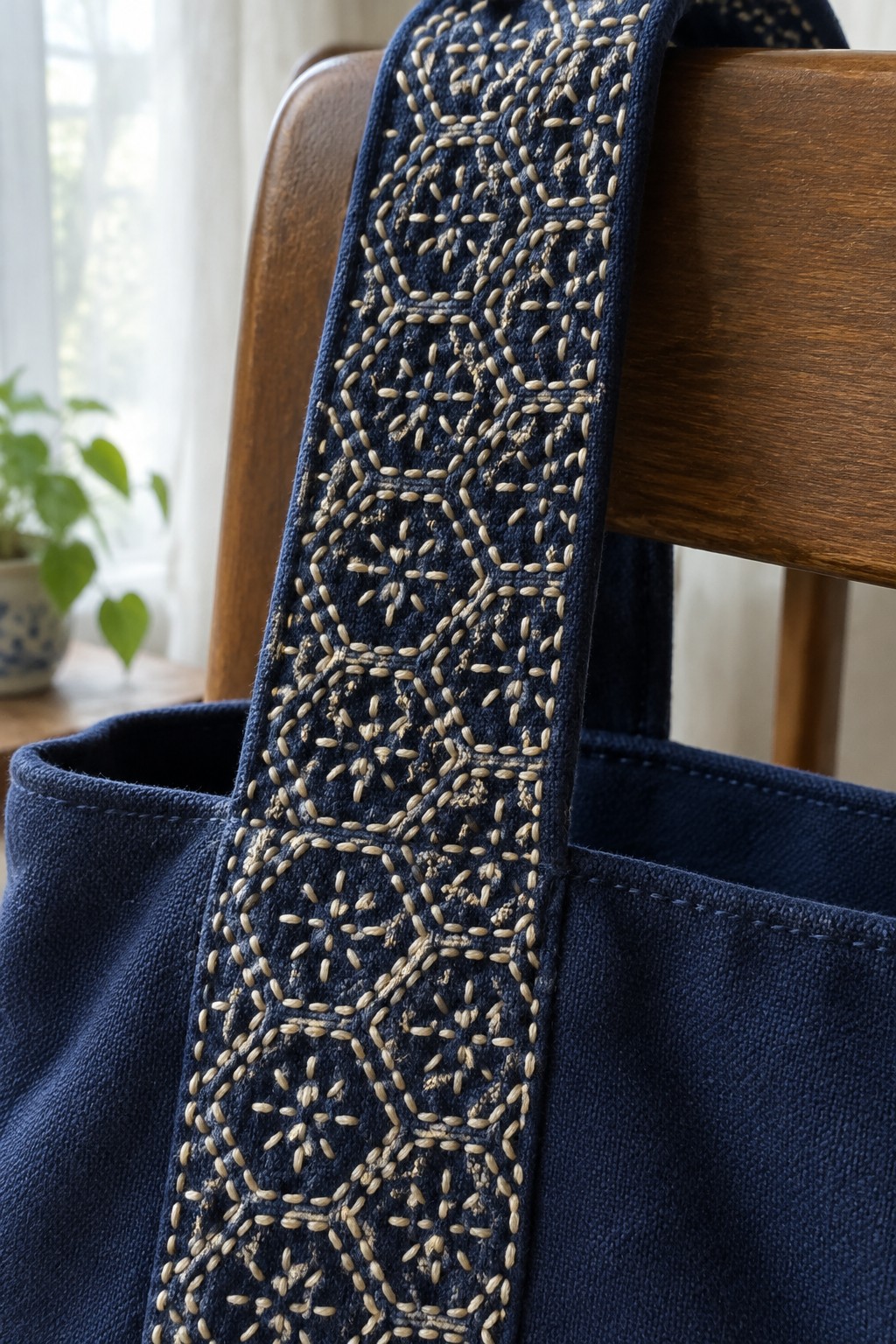 A navy tote bag hangs over a wooden chair, with a wide strap covered in dense cream-colored embroidery.