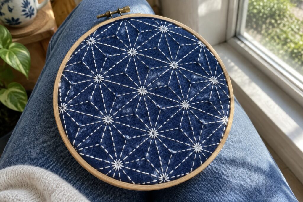 21 Distinctive Sashiko Stitching Patterns Inspired by Japanese Design Traditions White geometric starburst stitching covers dark blue fabric held in a wooden embroidery hoop.