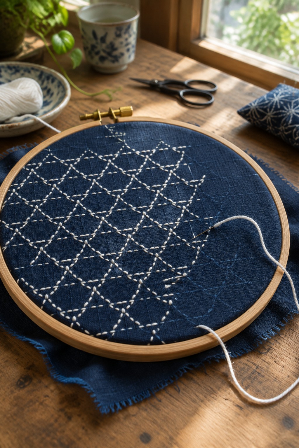 White stitched wave patterns cover indigo fabric held in a wooden embroidery hoop, with loose thread trailing across the cloth.