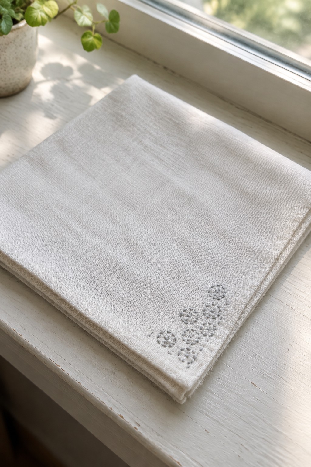 A folded natural-colored linen cloth with small gray geometric embroidery near one corner rests on a sunlit white windowsill.