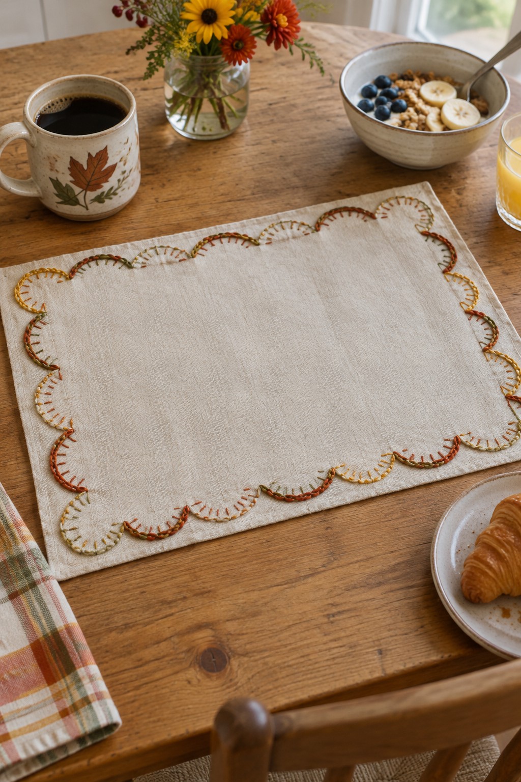 A cream linen placemat with a multicolored scalloped embroidered border rests on a wooden breakfast table.