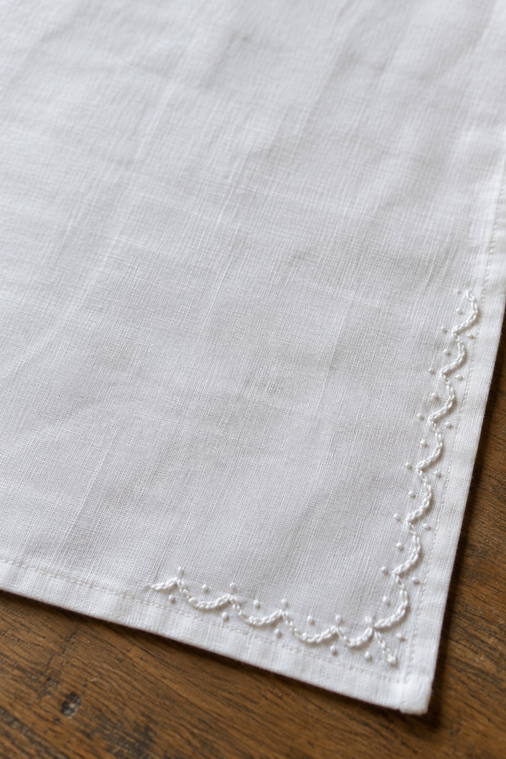 White scalloped embroidery with raised dots follows the edge of a folded linen cloth.
