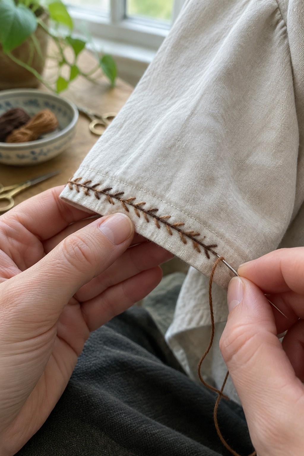 Hands embroider a brown branching border along the cuff of a light linen garment.