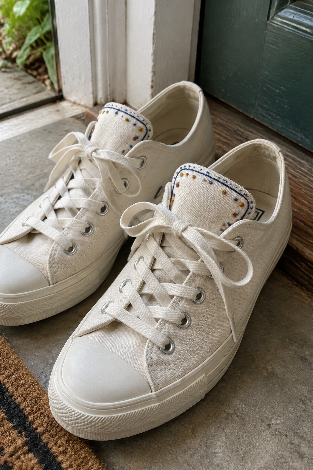 White canvas sneakers with blue outlined borders and multicolored dots embroidered on the tongues.