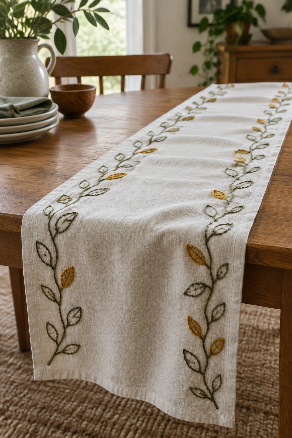 An ivory table runner with embroidered green vines and golden leaves draped across a wooden dining table.