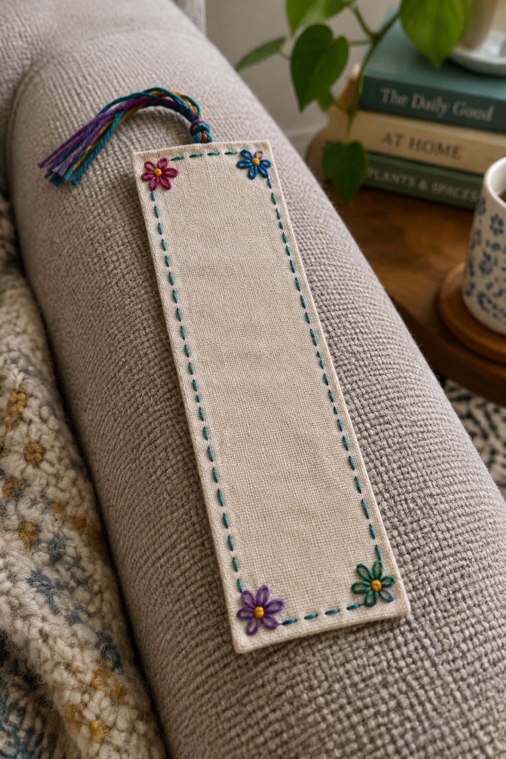 A cream fabric bookmark with a teal stitched border, four colorful embroidered flowers, and a multicolored thread loop rests on a textured sofa.