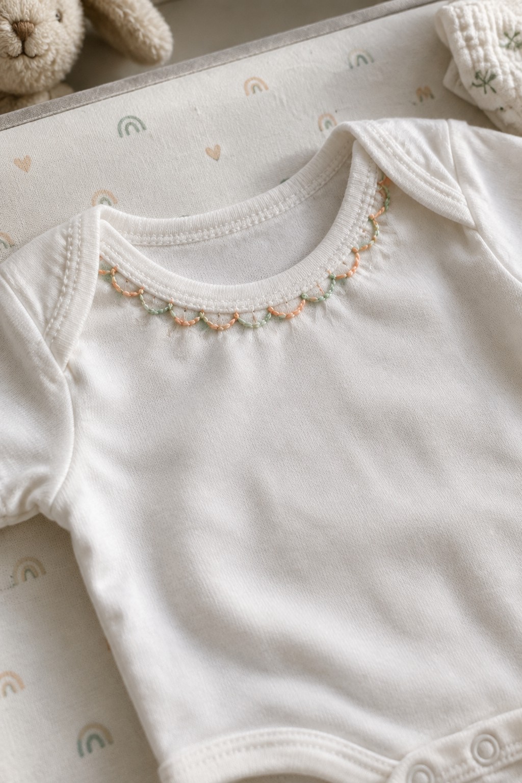 White baby onesie with a peach and green scalloped embroidery border around the neckline, laid on rainbow-print fabric.