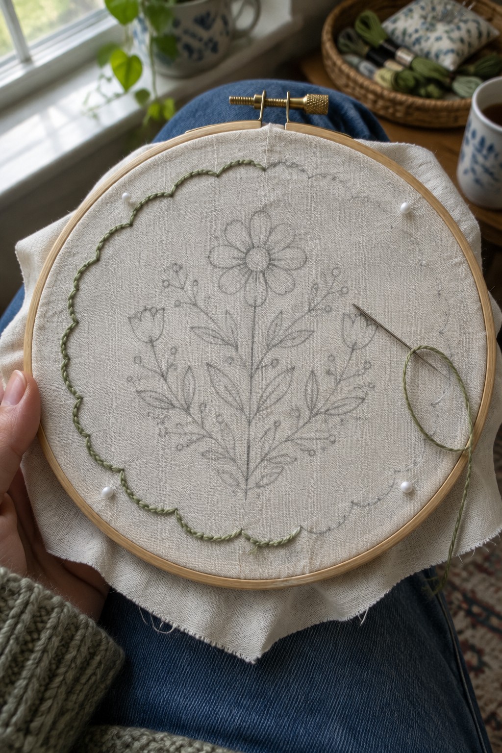 A hand stitches a green scalloped border around a penciled flower design in a wooden embroidery hoop.