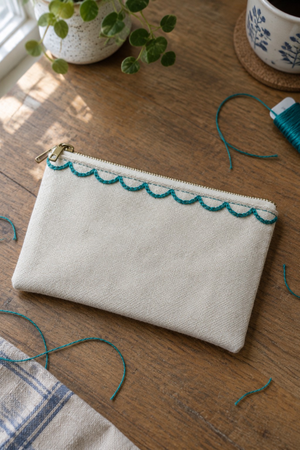 A cream fabric zipper pouch with a teal looped embroidery border along the top, resting on a wooden table.