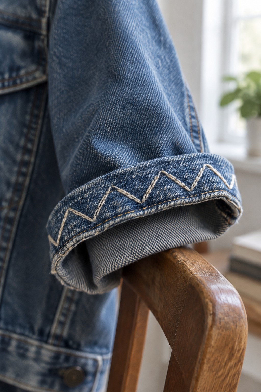 A denim jacket cuff folded over a wooden chair arm, with a pale zigzag border stitched along the edge.