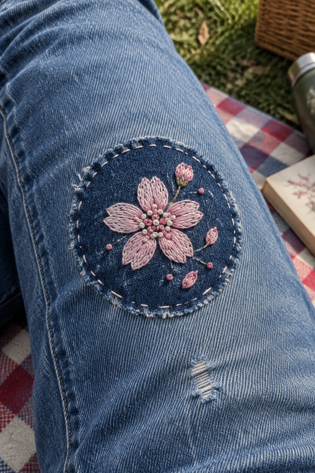 A round dark denim patch with pink floral embroidery and pale edge stitching is sewn onto the knee of blue jeans.