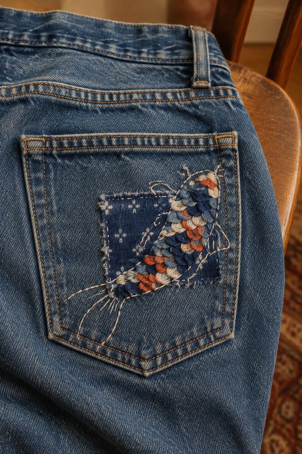 Blue jeans with a multicolored embroidered feather motif on a contrasting patch sewn over the back pocket.