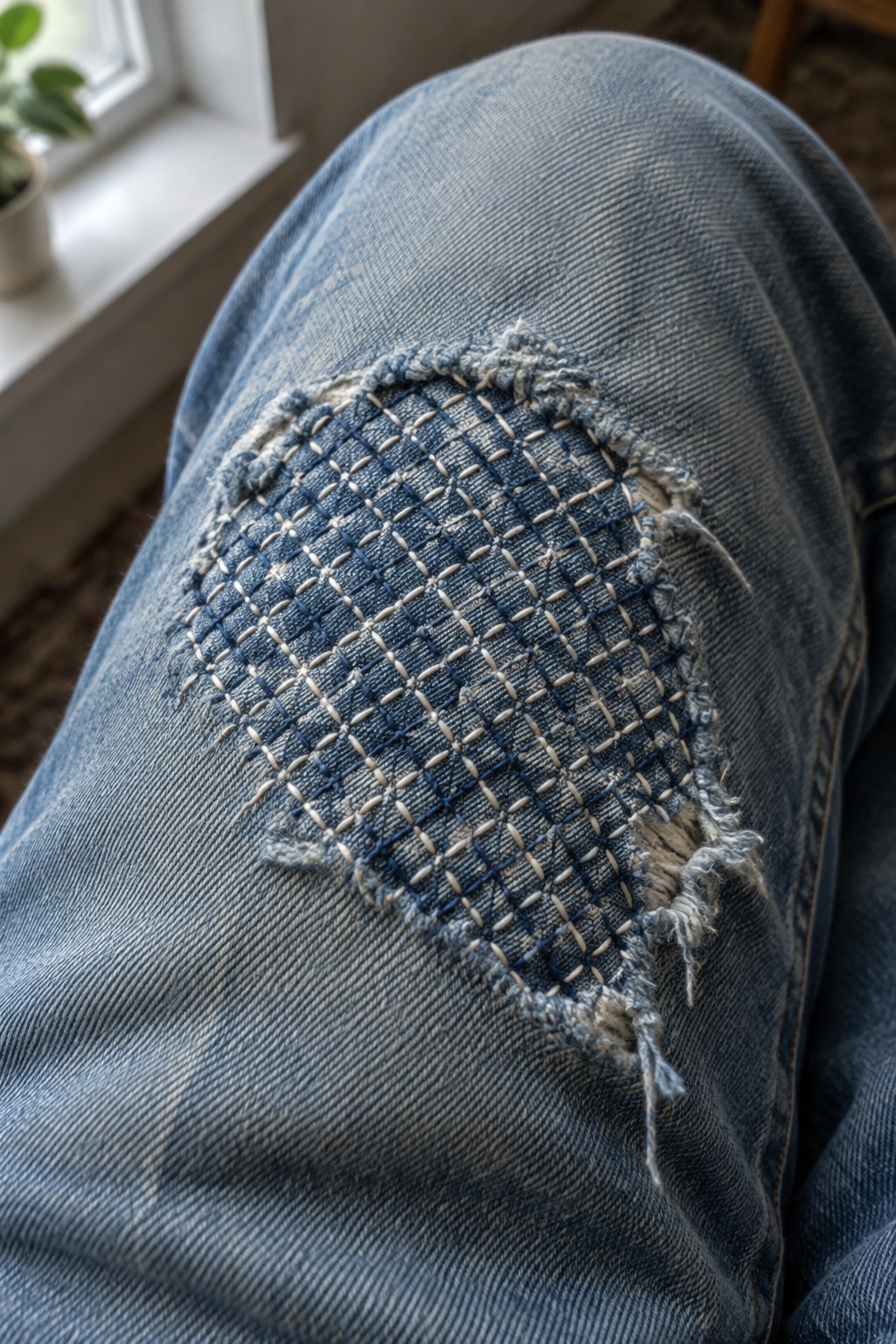 Close-up of a frayed knee on blue jeans repaired with a darker denim patch and pale crosshatch stitching.
