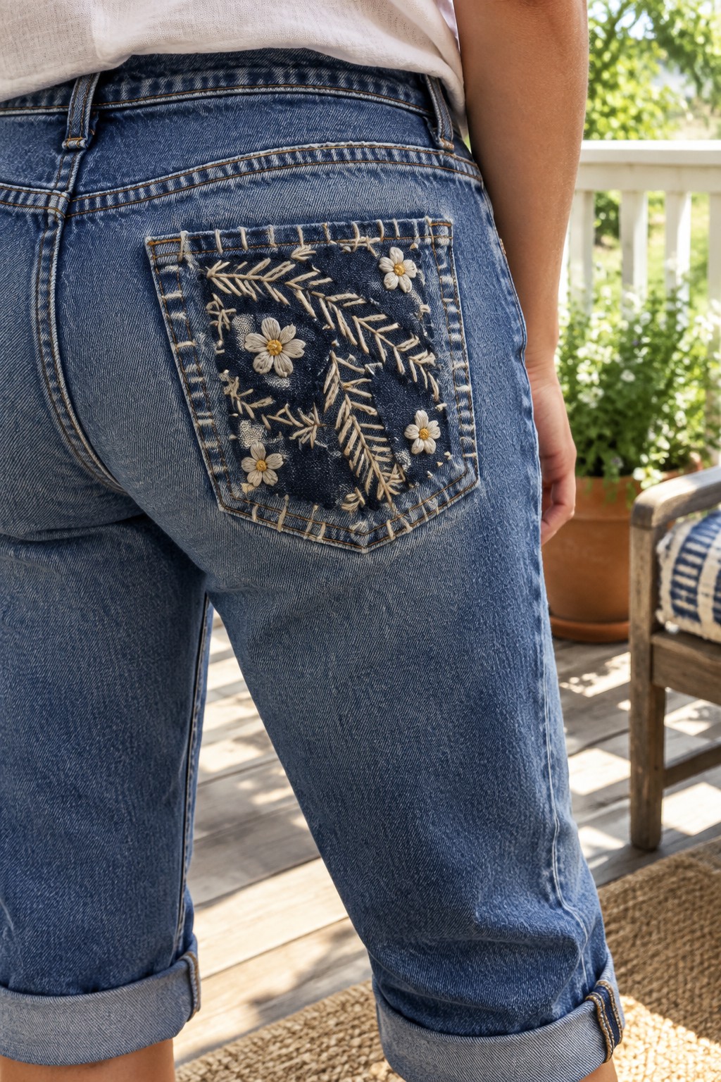 Cream daisy and leaf embroidery decorates a dark denim panel on the back pocket of blue jeans.