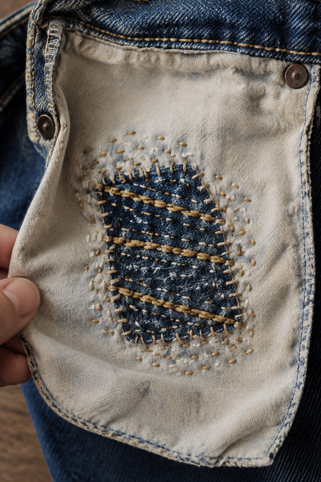 Tan stitches secure a dark denim patch on the inside of a pair of jeans.
