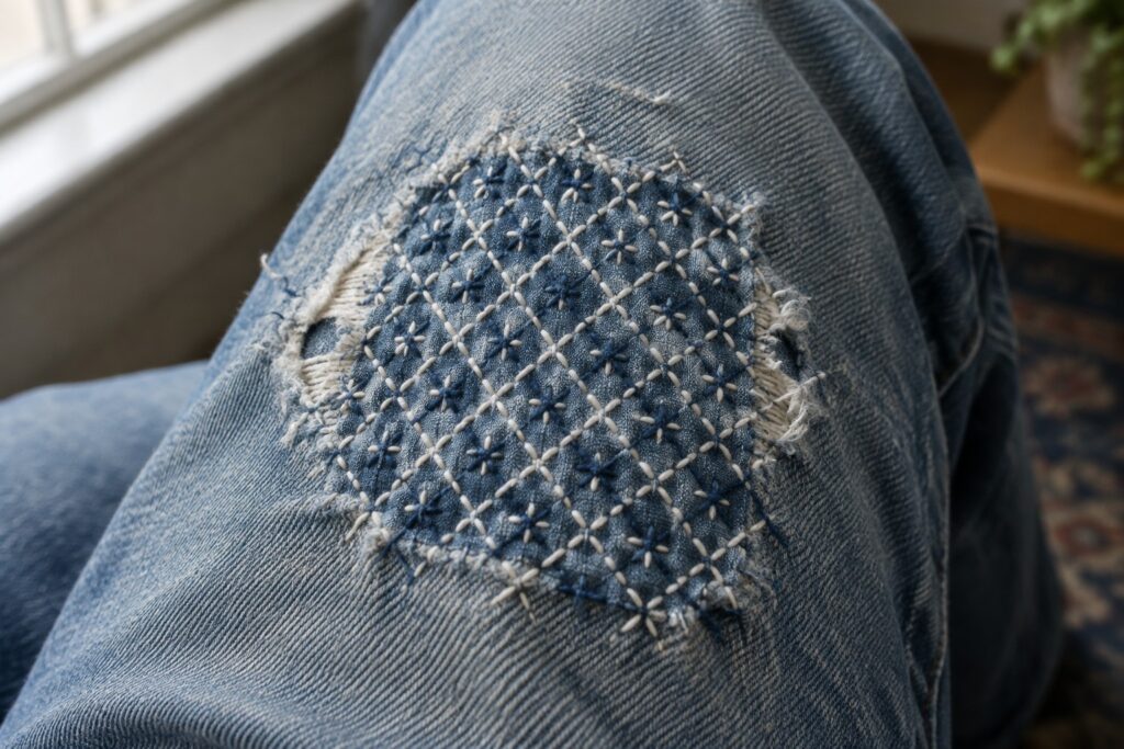 21 Japanese-Inspired Mending Techniques for Damaged Jeans Close-up of a frayed knee on blue jeans repaired with a darker denim patch and pale crosshatch stitching.