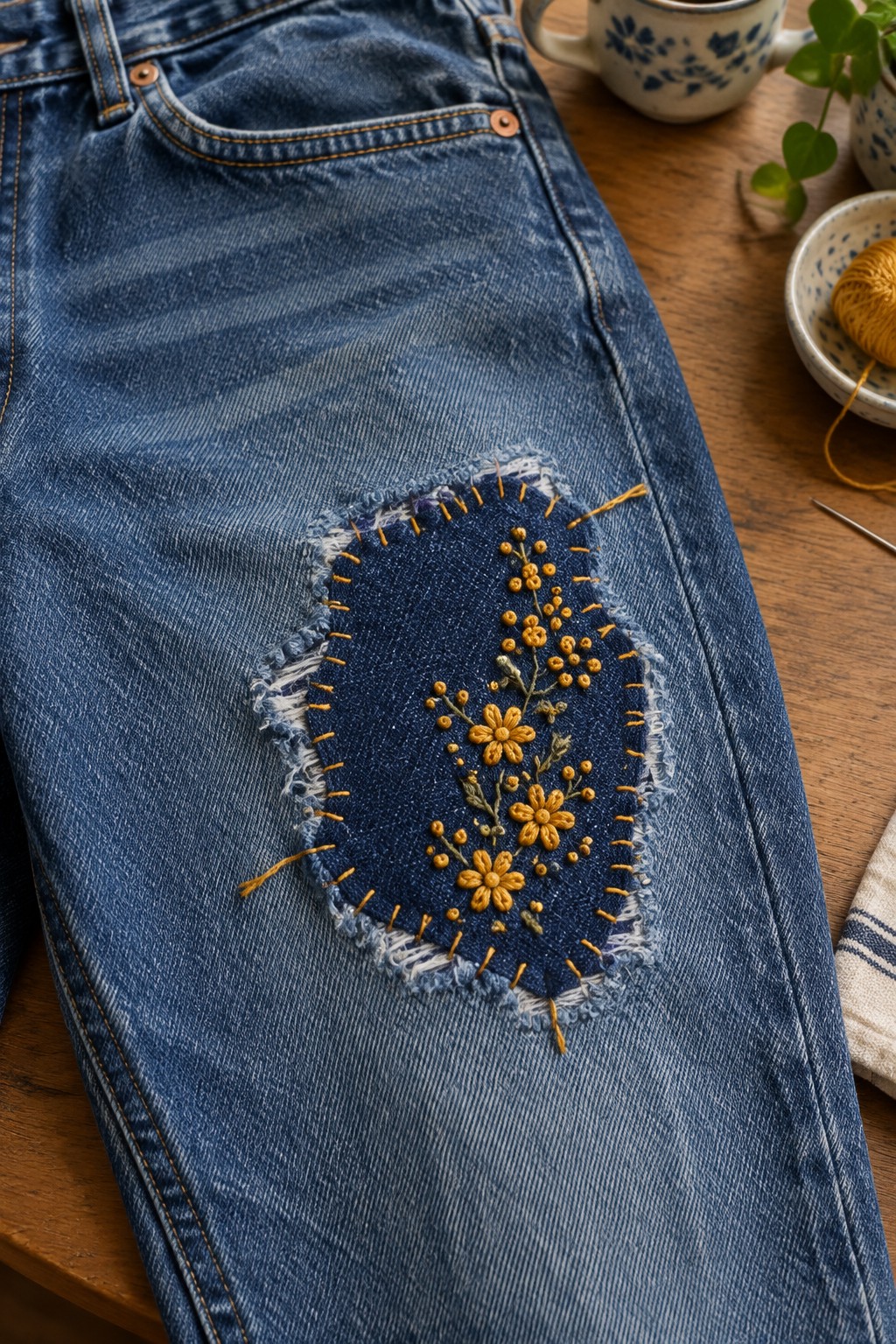 A frayed dark denim patch embroidered with mustard-yellow flowers is stitched onto a blue jean leg.